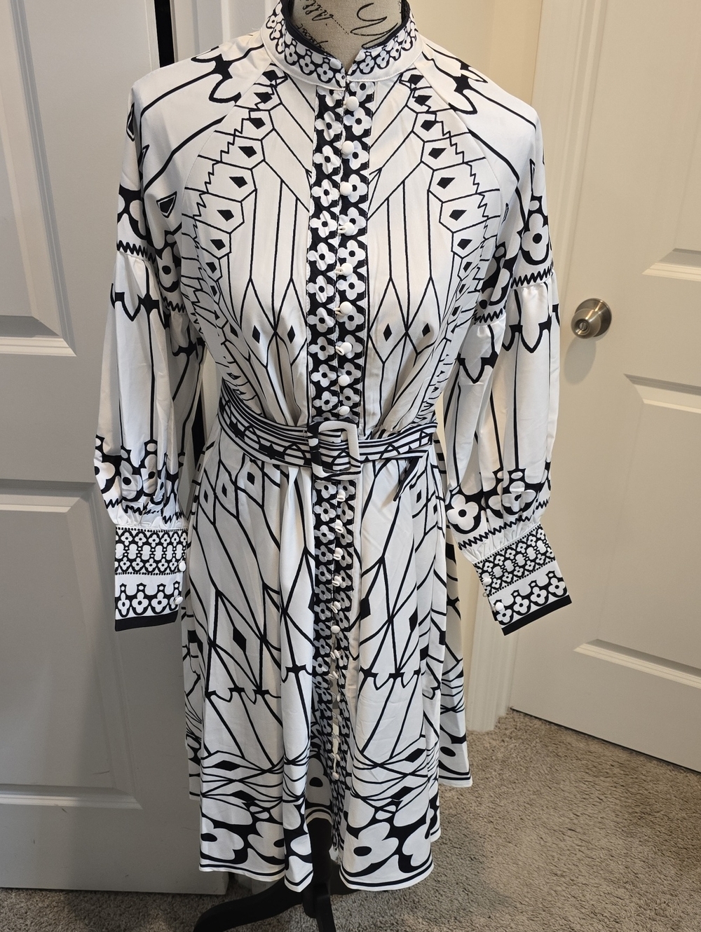 Black & White Printed Midi Shirt Dress with Belt